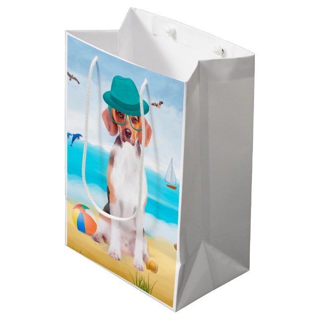 Bolsa De Regalo Mediana Perro Beagle En La Playa (Angulo Anverso)