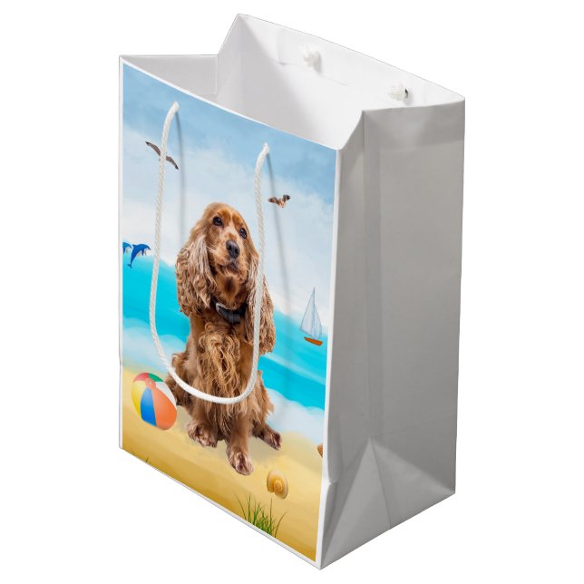 Bolsa De Regalo Mediana Perro Cocker Spaniel en la Playa (Angulo Anverso)