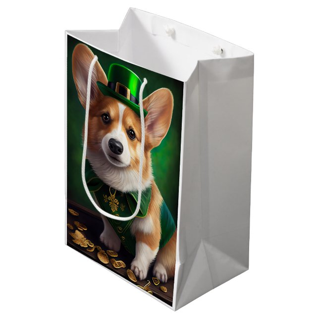 Bolsa De Regalo Mediana Perro Corgi con vestido de San Patricio (Angulo Anverso)