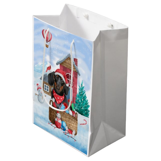 Bolsa De Regalo Mediana Perro Dachshund En La Casa De Perros De Navidades  (Angulo Anverso)