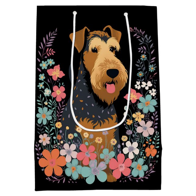 Bolsa De Regalo Mediana Perro de Airedale Terrier en el jardín de flores (Reverso)