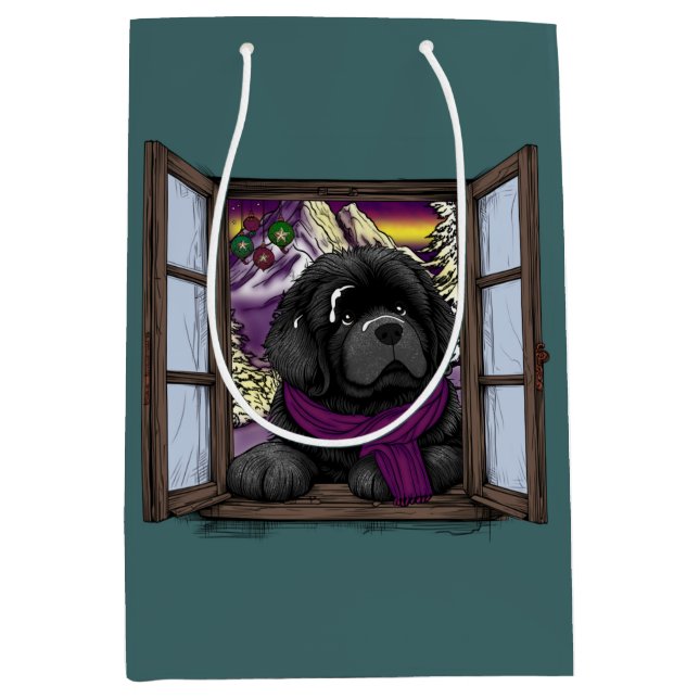 Bolsa De Regalo Mediana Perro de cachorro con ventana de nieve (Anverso)