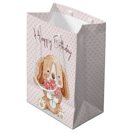 Bolsa De Regalo Mediana Perro de cumpleaños con flores en el corazón rosad