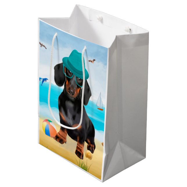 Bolsa De Regalo Mediana Perro de Dachshund en la playa (Angulo Anverso)