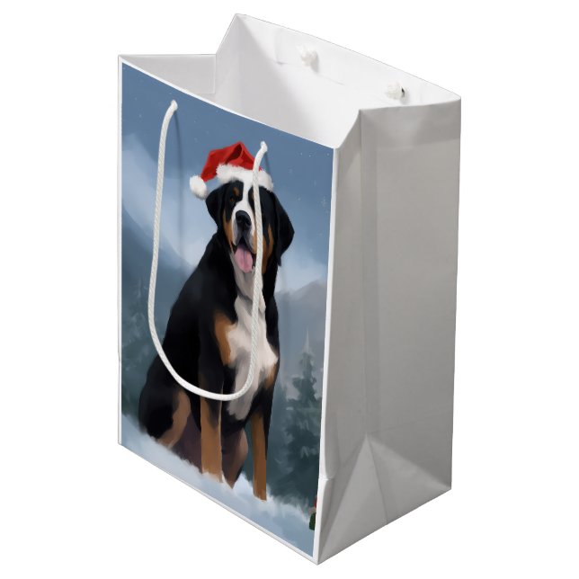 Bolsa De Regalo Mediana Perro de montaña suizo en Navidades de nieve (Angulo Anverso)