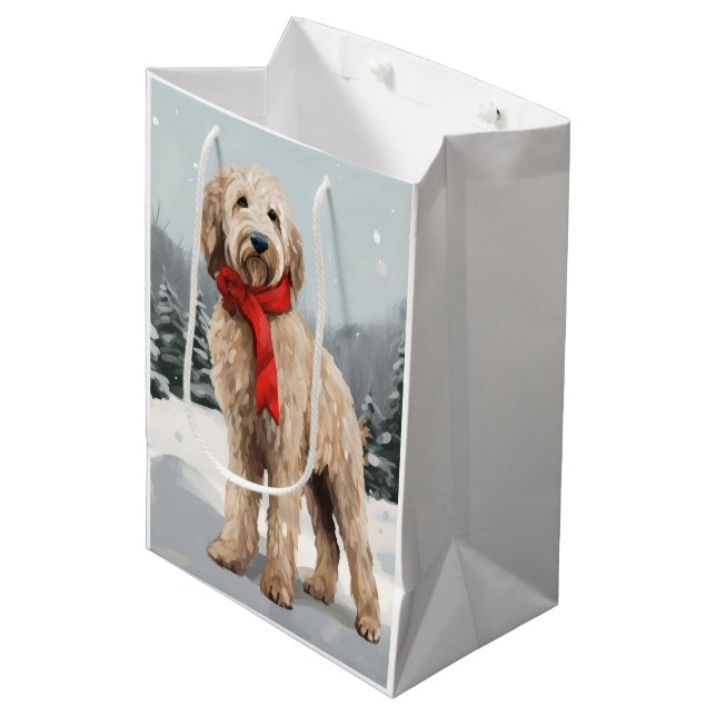 Bolsa De Regalo Mediana Perro Goldendoodle en Navidades de Nieve (Angulo Anverso)
