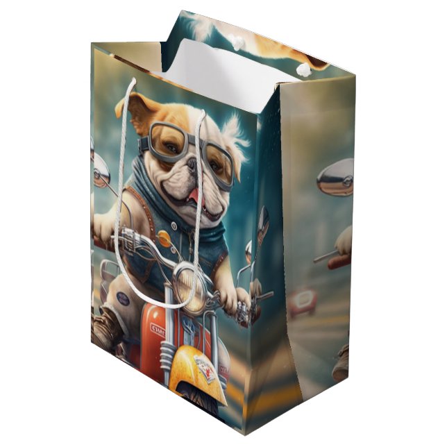 Bolsa De Regalo Mediana Perro Guay conduciendo una moto de regalo (Angulo Anverso)