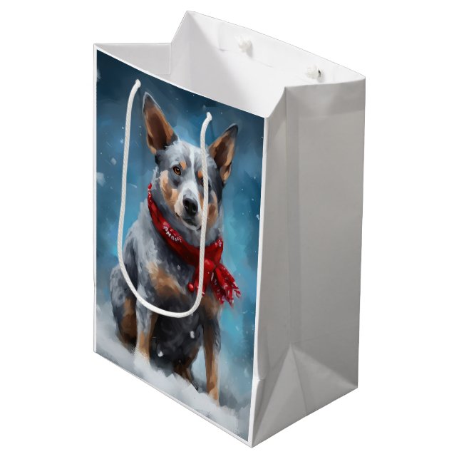 Bolsa De Regalo Mediana Perro Heeler Azul en Navidades de Nieve (Angulo Anverso)
