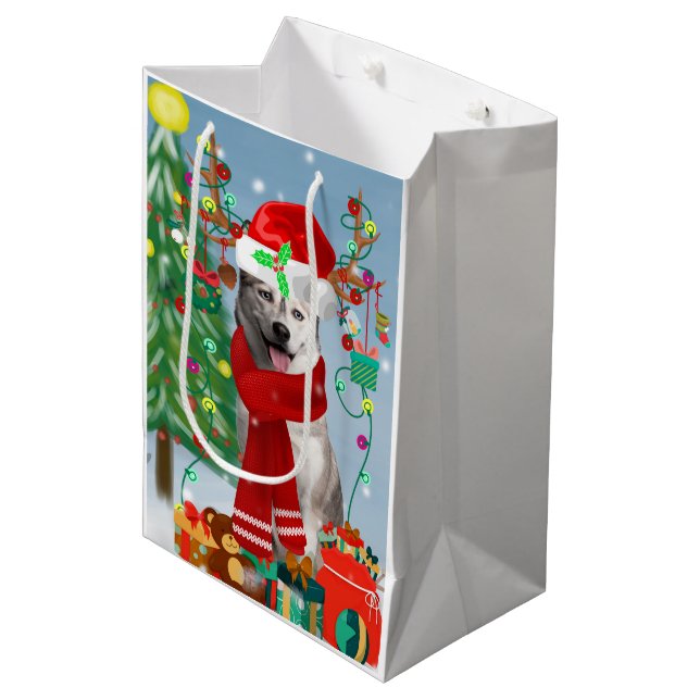 Bolsa De Regalo Mediana Perro Husky Siberiano en Navidades de nieve (Angulo Anverso)
