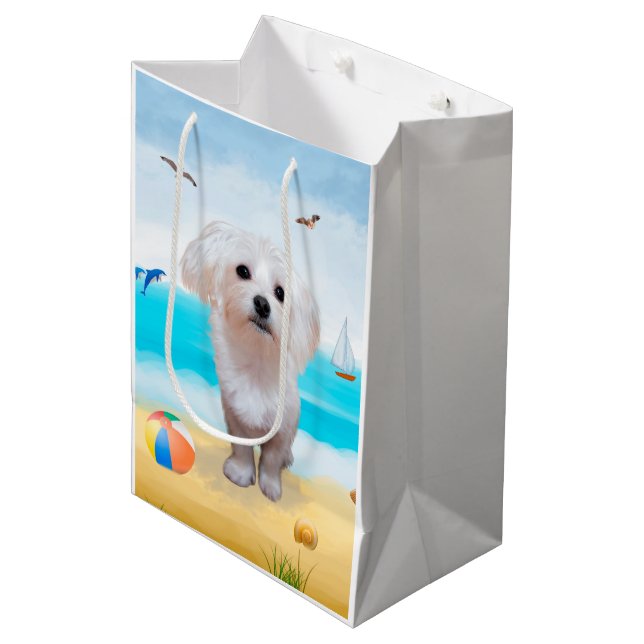 Bolsa De Regalo Mediana Perro maltés en la playa (Angulo Anverso)