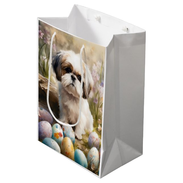 Bolsa De Regalo Mediana Perro malti tzu con festividad de huevos de Pascua (Angulo Anverso)