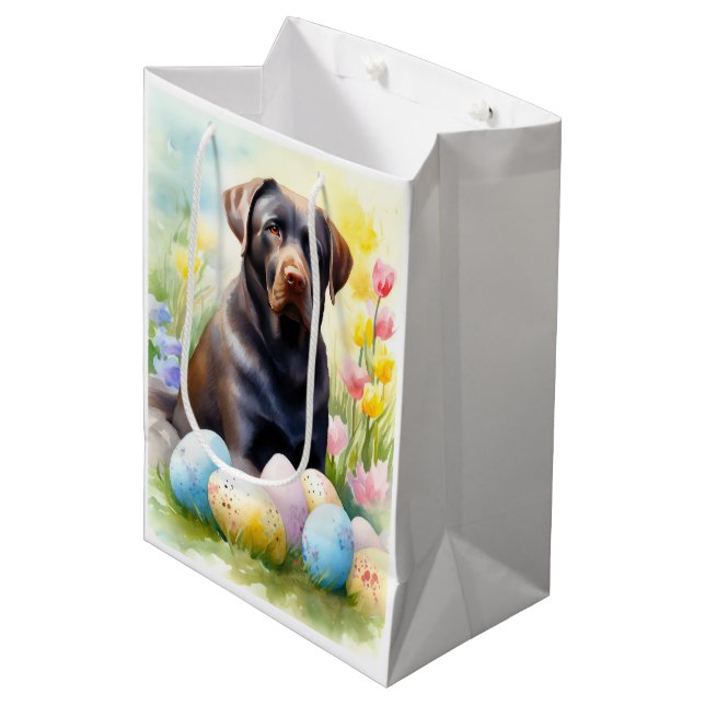Bolsa De Regalo Mediana Perro negro de Labrador con festividad de huevos d (Angulo Anverso)
