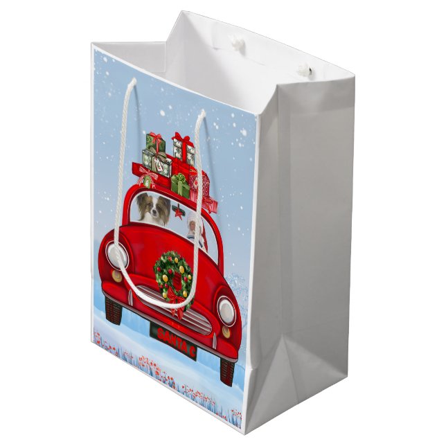 Bolsa De Regalo Mediana Perro Papillon en auto con Santa Claus (Angulo Anverso)