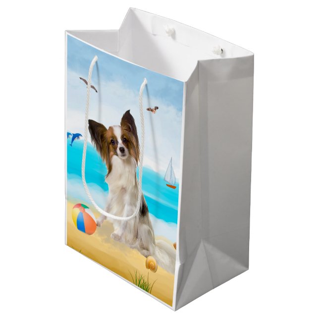 Bolsa De Regalo Mediana Perro Papillon en la playa (Angulo Anverso)