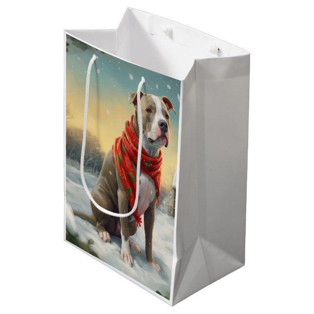 Bolsa De Regalo Mediana Perro Pitbull en Navidades de Nieve (Angulo Anverso)
