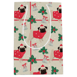 Bolsa De Regalo Mediana Perro Pug con suéter y Navidades Santa Hat