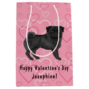 Bolsa De Regalo Mediana Perro Pug Negro Patrón de Corazones de Amor en Ros