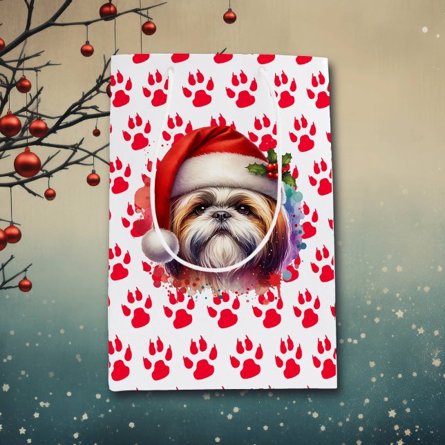 Bolsa De Regalo Mediana Perro Shih Tzu en Santa Hat Navidades (Subido por el creador)