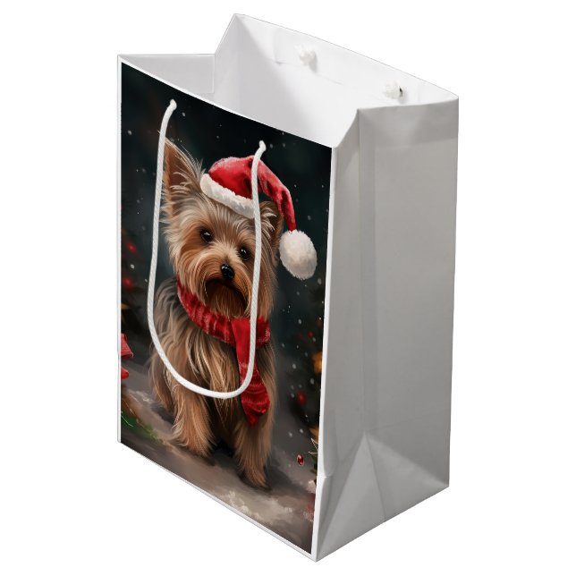 Bolsa De Regalo Mediana Perro Terrier de Yorkshire en Navidades de Nieve (Angulo Anverso)