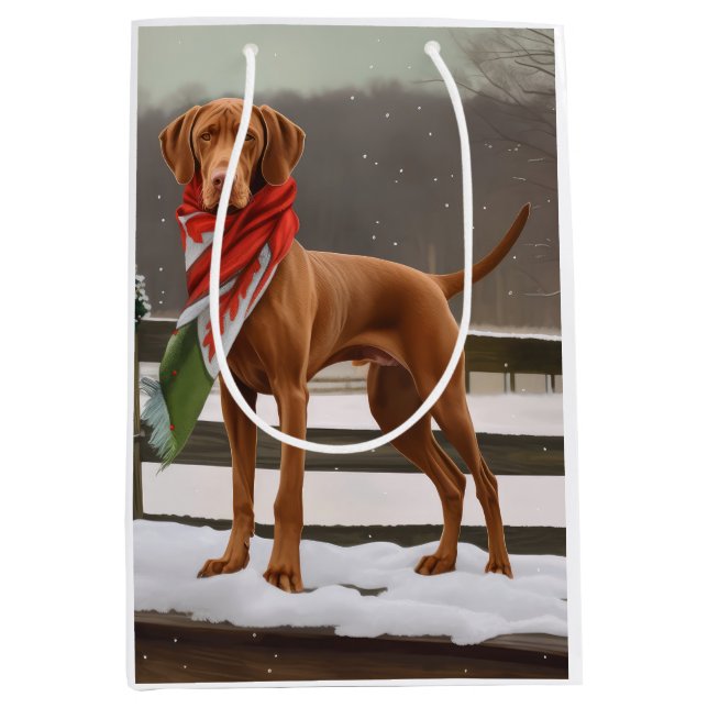 Bolsa De Regalo Mediana Perro Vizsla en Navidades de nieve (Anverso)