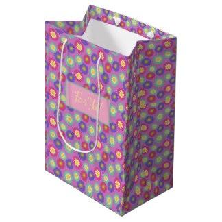 Bolsa De Regalo Mediana Personaliza Colorido Retro Floral Morados y Rosas