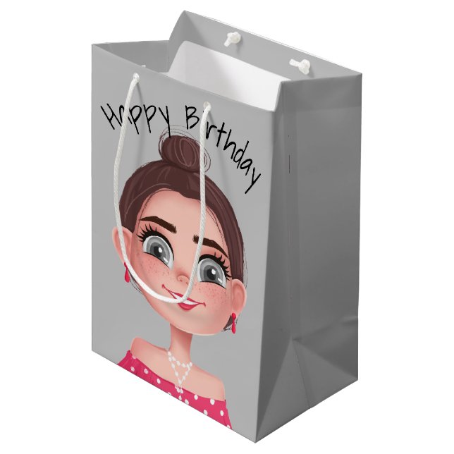 Bolsa De Regalo Mediana Personalizado Chica De Cumpleaños En Gris (Angulo Anverso)