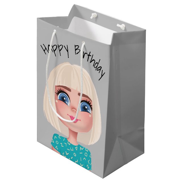 Bolsa De Regalo Mediana Personalizado Chica De Cumpleaños En Gris (Angulo Anverso)