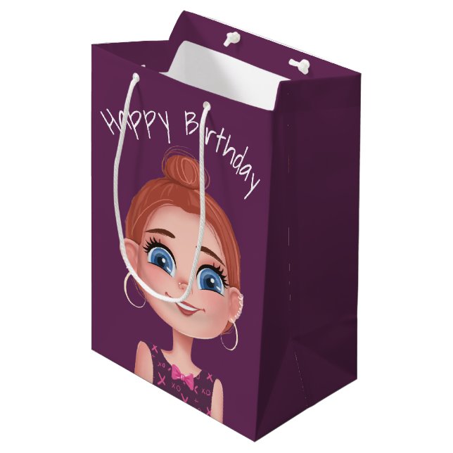 Bolsa De Regalo Mediana Personalizado Chica De Cumpleaños En Morado (Angulo Anverso)