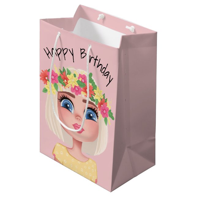 Bolsa De Regalo Mediana Personalizado Chica De Cumpleaños En Rosa (Angulo Anverso)