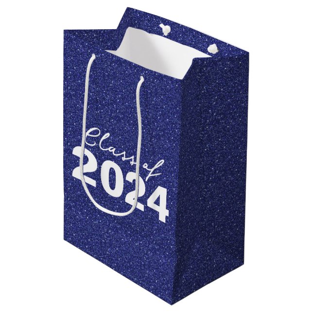 Bolsa De Regalo Mediana Personalizado Clase Año Navy Purpurina Azul (Angulo Anverso)