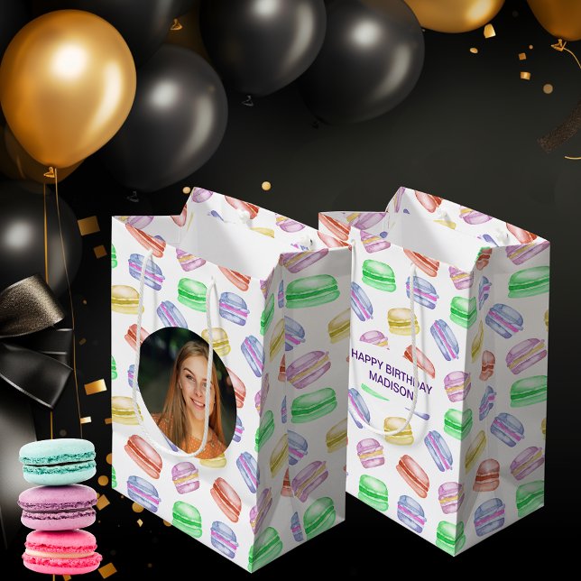Bolsa De Regalo Mediana Personalizado Foto Patrón de cumpleaños Cookies Ma (Custom Photo Birthday Pattern Cookies Macarons Medium Gift Bag)