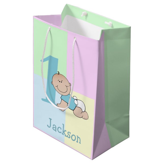 Bolsa De Regalo Mediana Personalizado lindo niño bebé primer cumpleaños (Angulo Anverso)