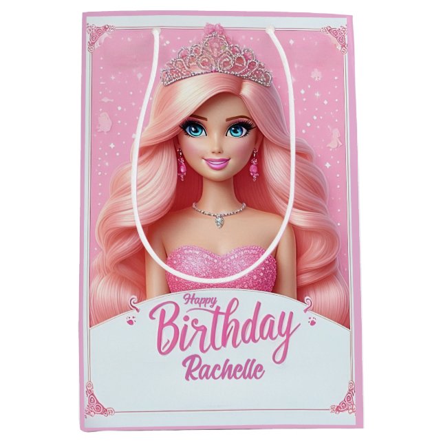 Bolsa De Regalo Mediana Personalizado Princesa Rosa Feliz cumpleaños (Anverso)