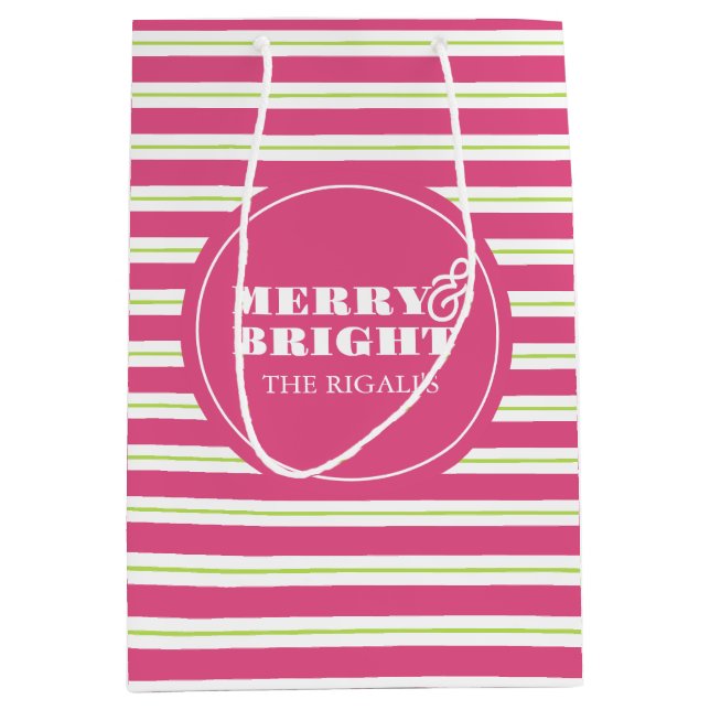 Bolsa De Regalo Mediana Personalizado Rosa Merry y Navidades brillantes (Anverso)