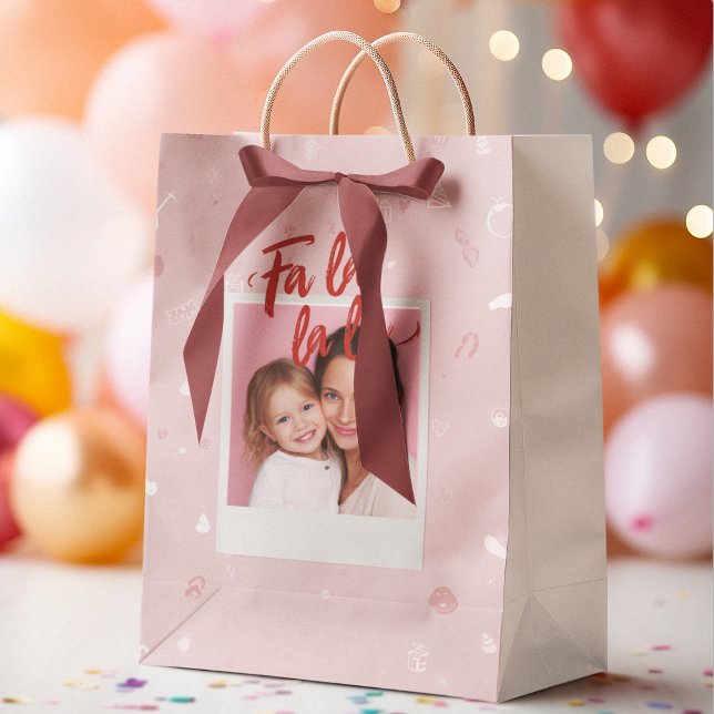 Bolsa De Regalo Mediana Personalized Fa La La La Pink Christmas Photo (Subido por el creador)