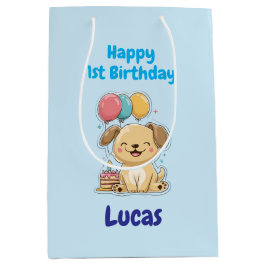 Bolsa De Regalo Mediana Personalized Happy 1st Birthday Gift Wrap, Puppy, 