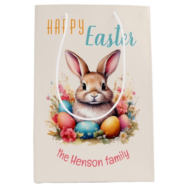 Bolsa De Regalo Mediana Personalized Happy Easter Bunny Eggs Family  (Anverso)