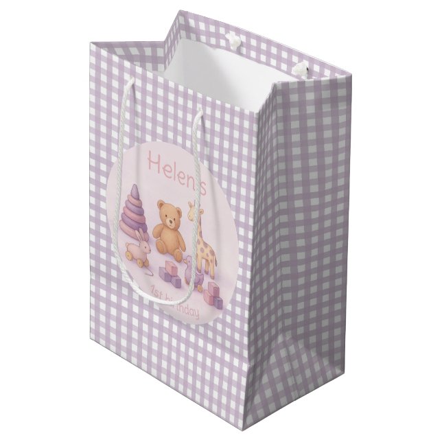 Bolsa De Regalo Mediana Personalized Lavender Gingham 1st Birthday  (Angulo Anverso)