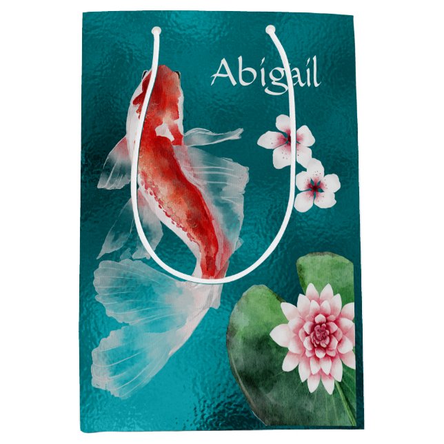 Bolsa De Regalo Mediana Pescado japonés de Koi personalizado y flores de c (Anverso)