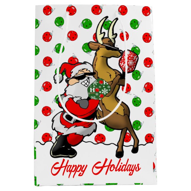 Bolsa De Regalo Mediana Pickleball Partners Ornaments Santa & Reindeer (Anverso)