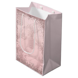 Bolsa De Regalo Mediana Piña Brillo Rosa Dorado Rosa Fiesta Tropical