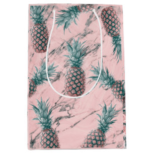 Bolsa De Regalo Mediana Piña y Mármol Rosa Remolino Moderno Chic Tropical