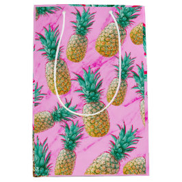 Bolsa De Regalo Mediana Piñas Tropicales & Mármol Rosa Moderno Colorido
