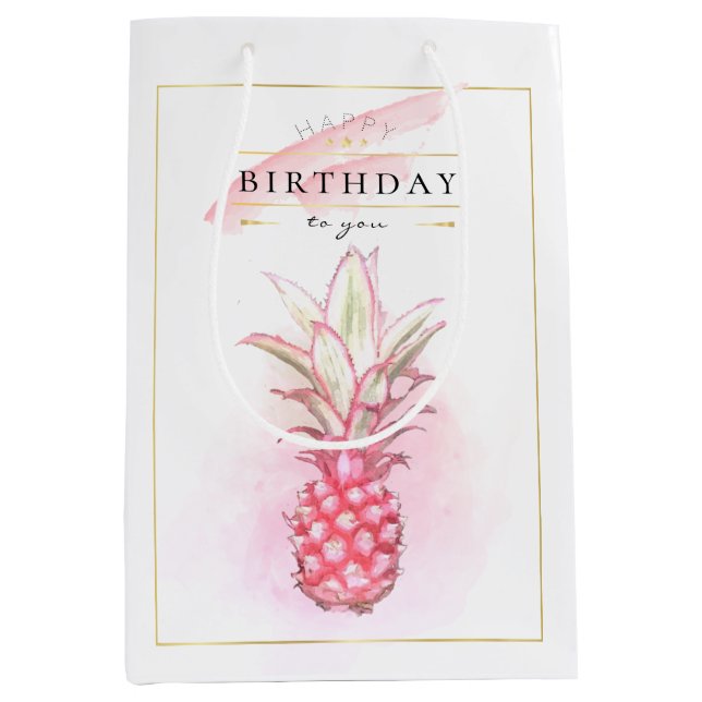 Bolsa De Regalo Mediana Pineapoles rosados exóticos acuarela Nacimiento Ar (Anverso)