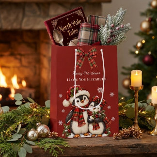 Bolsa De Regalo Mediana Pingüino de Cuadro Rojo Te Amo Nombre Personalizad