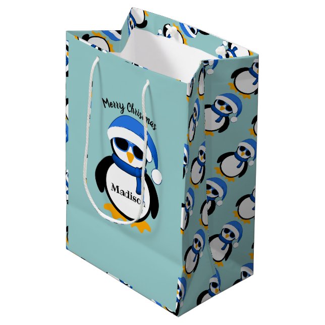 Bolsa De Regalo Mediana Pingüino fresco lindo Feliz Navidad Azul personali (Angulo Anverso)