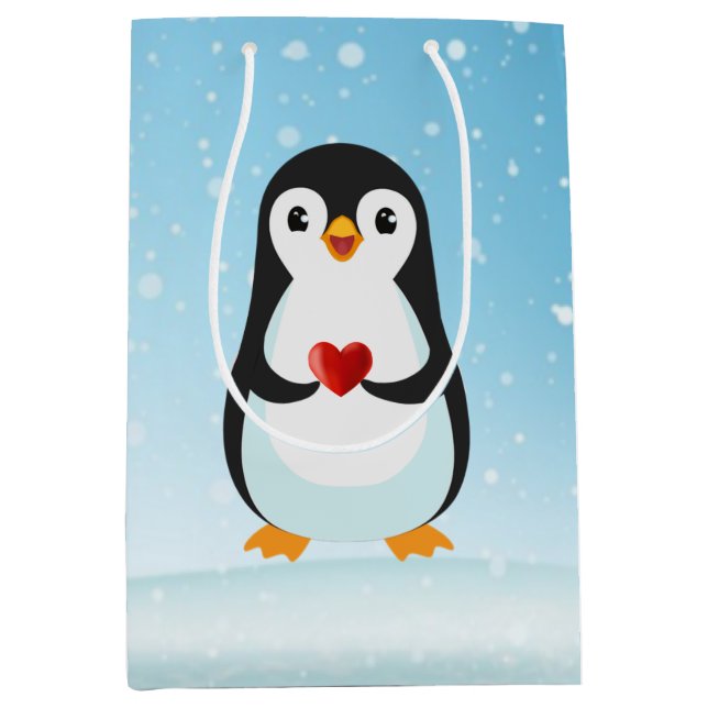 Bolsa De Regalo Mediana Pingüino lindo con corazón en azul claro (Anverso)