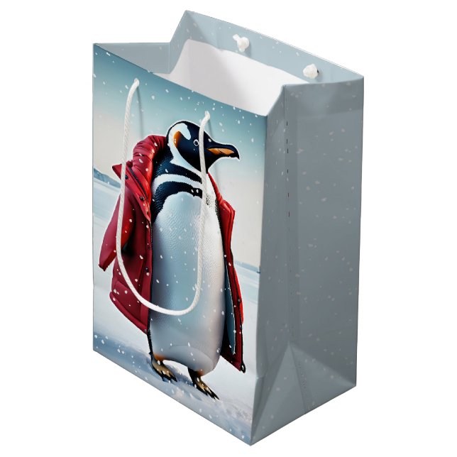 Bolsa De Regalo Mediana Pingüino navidad con un abrigo rojo (Angulo Anverso)