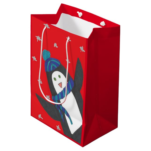 Bolsa De Regalo Mediana Pingüino navidad en rojo (Angulo Anverso)