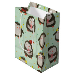 Bolsa De Regalo Mediana Pingüinos felices usando sombreros de Papá Noel co